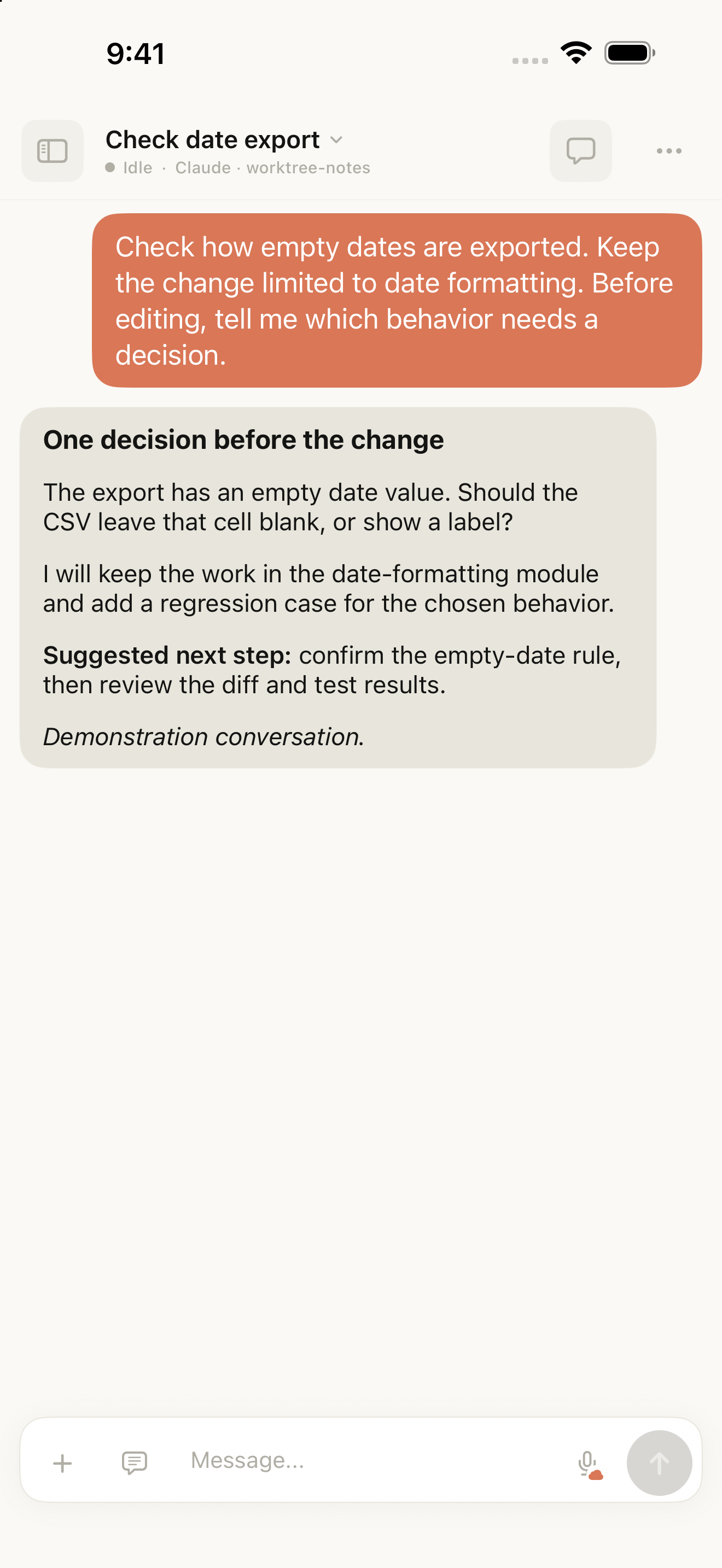 A conversation on iPhone asking which rule to use for an empty date