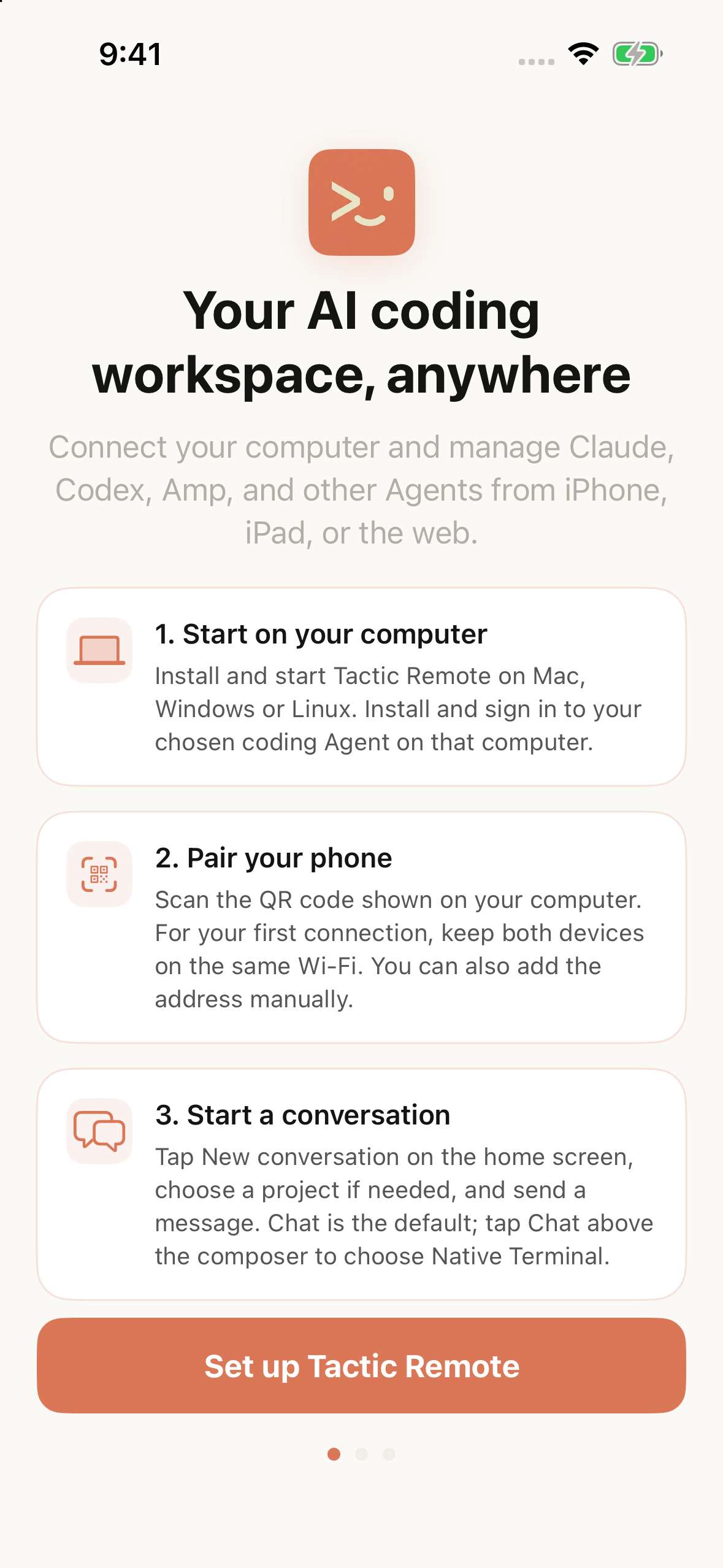 Tactic Remote first-use guide explaining how to prepare the computer, connect a phone, and start a conversation