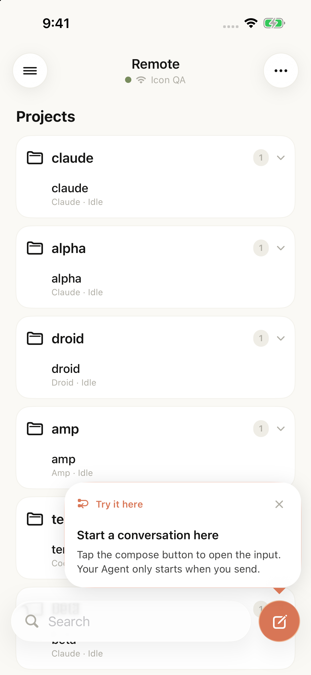 Tactic Remote project home with a prompt pointing to the New Conversation button in the bottom right