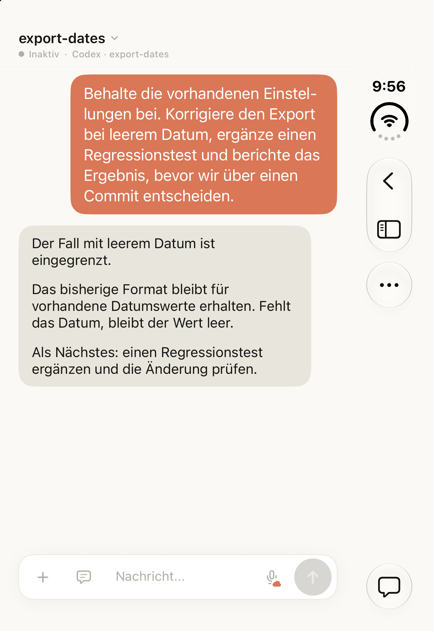 Tactic Remote 1.12 im Duo-Simulator mit einer Codex-Beispielunterhaltung über den Export leerer Datumswerte.