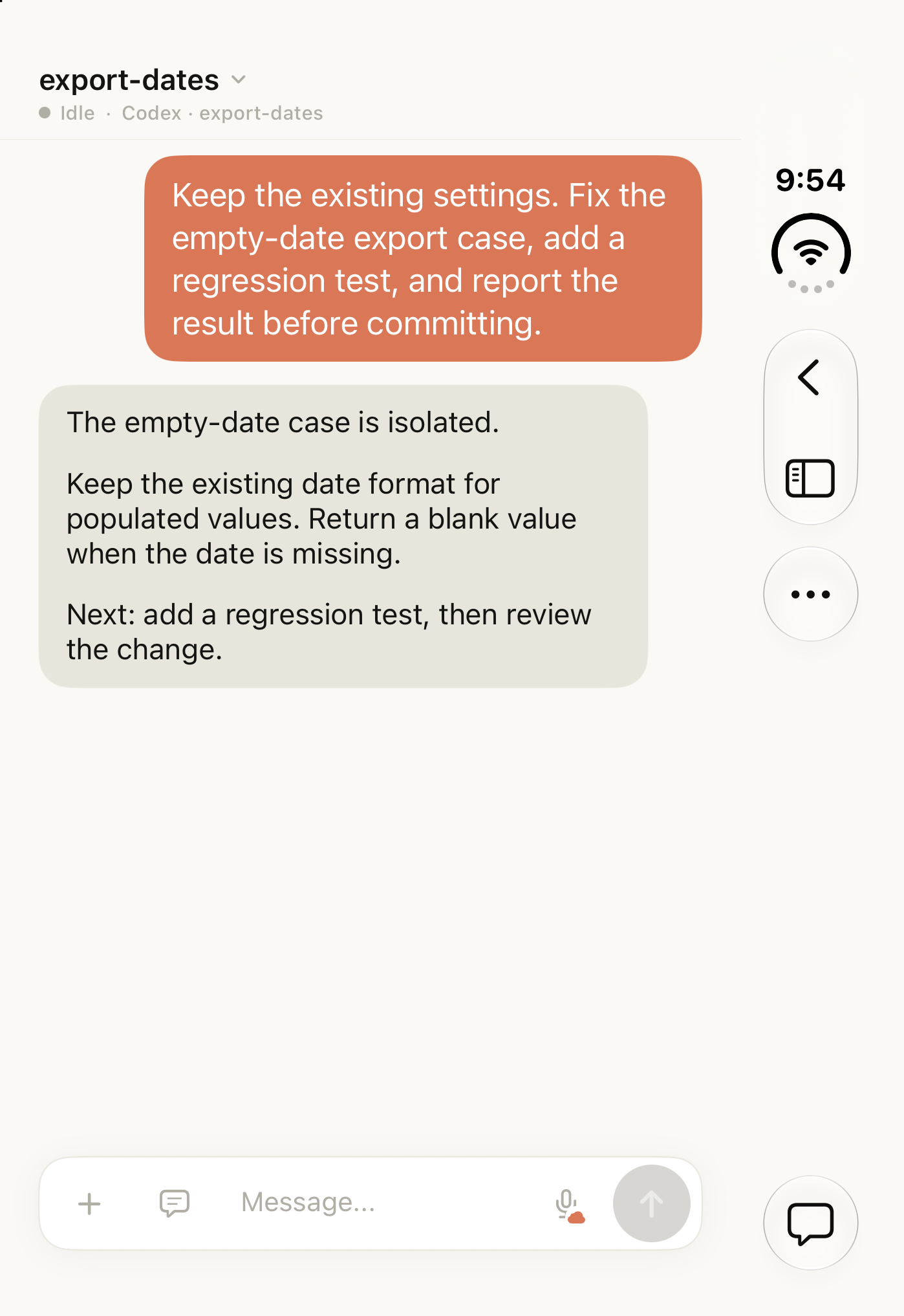 Tactic Remote 1.12 running in the Duo simulator, showing a sample Codex conversation about exporting an empty date.