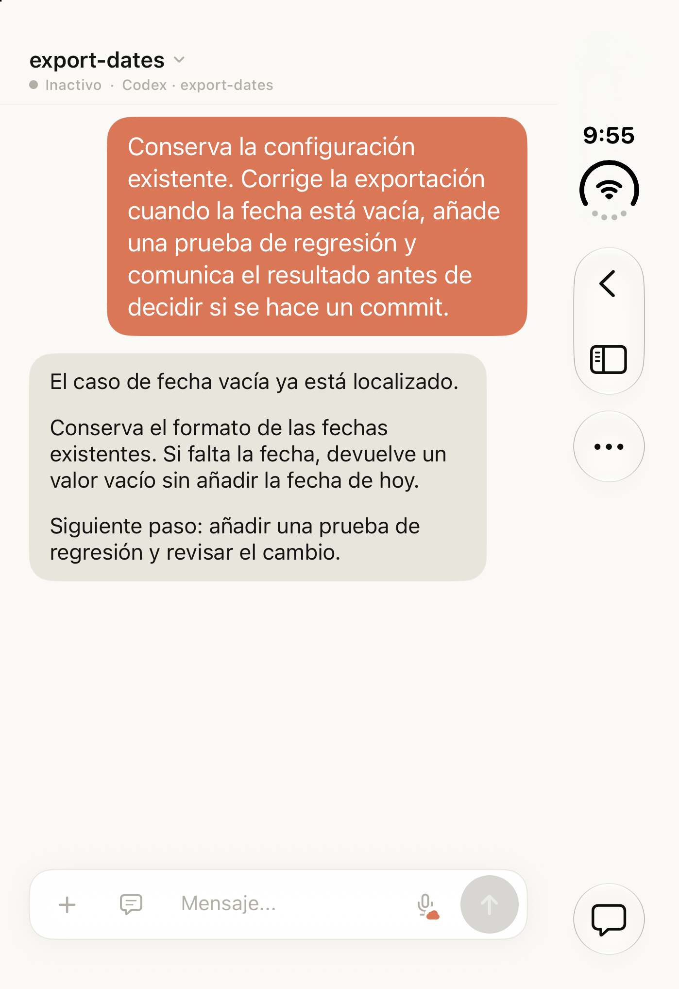 Tactic Remote 1.12 en el simulador Duo, con una conversación de ejemplo de Codex sobre la exportación de fechas vacías.
