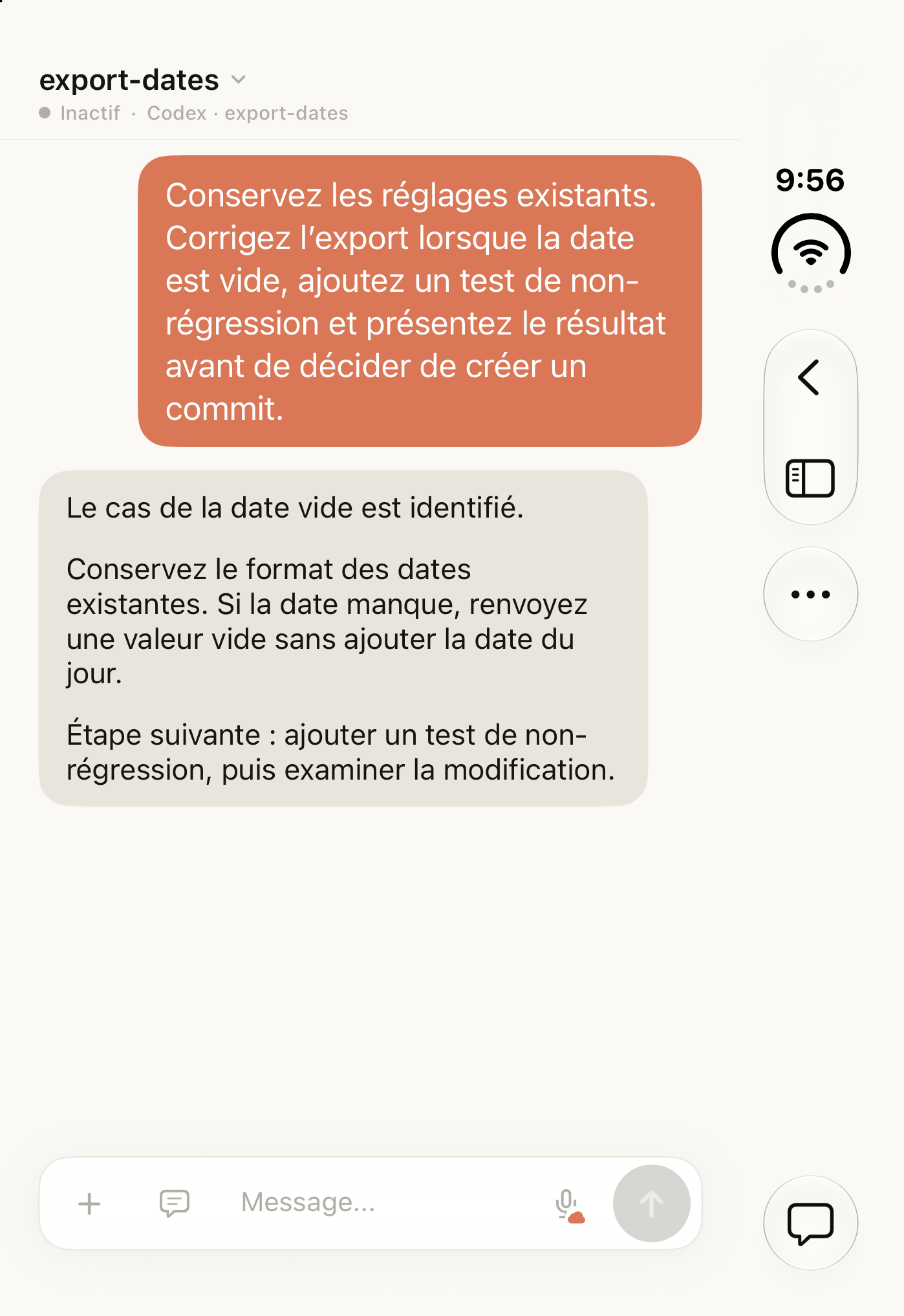 Tactic Remote 1.12 dans le simulateur Duo, avec un exemple de conversation Codex sur l’export des dates vides.