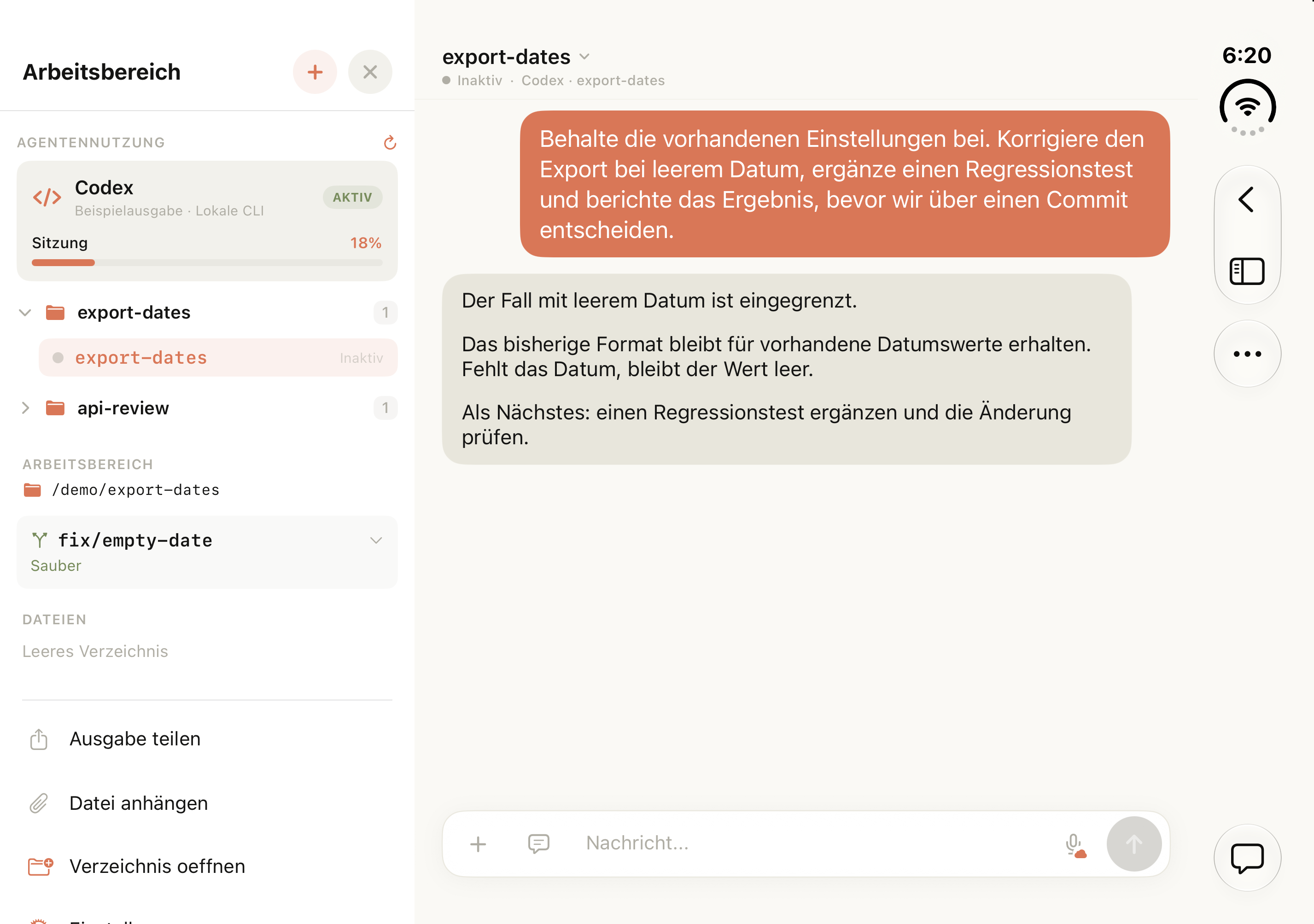 Tactic Remote 1.12 auf dem inneren Display des vollständig geöffneten Duo-Simulators: Arbeitsbereich und Unterhaltung zum Datumsexport nebeneinander.