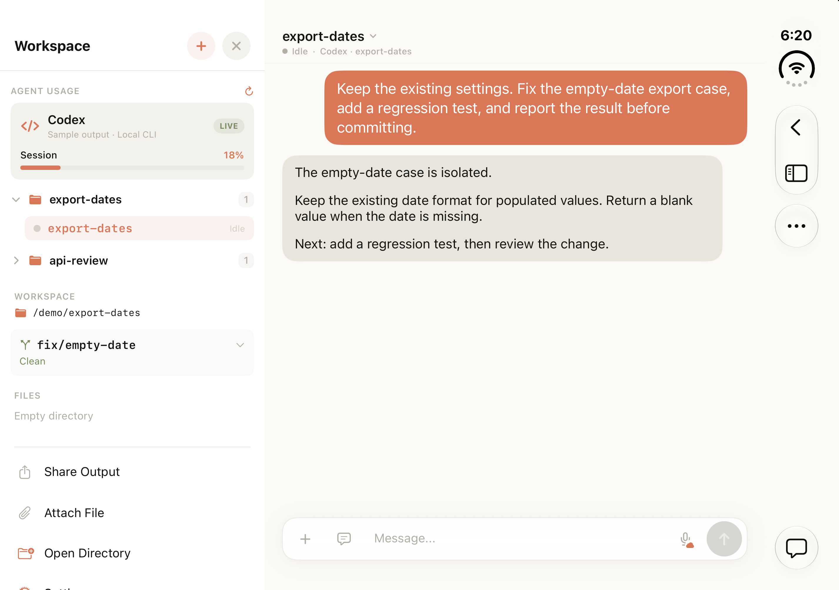 Tactic Remote 1.12 on the fully open Duo inner display, with the workspace and selected date-export conversation side by side.