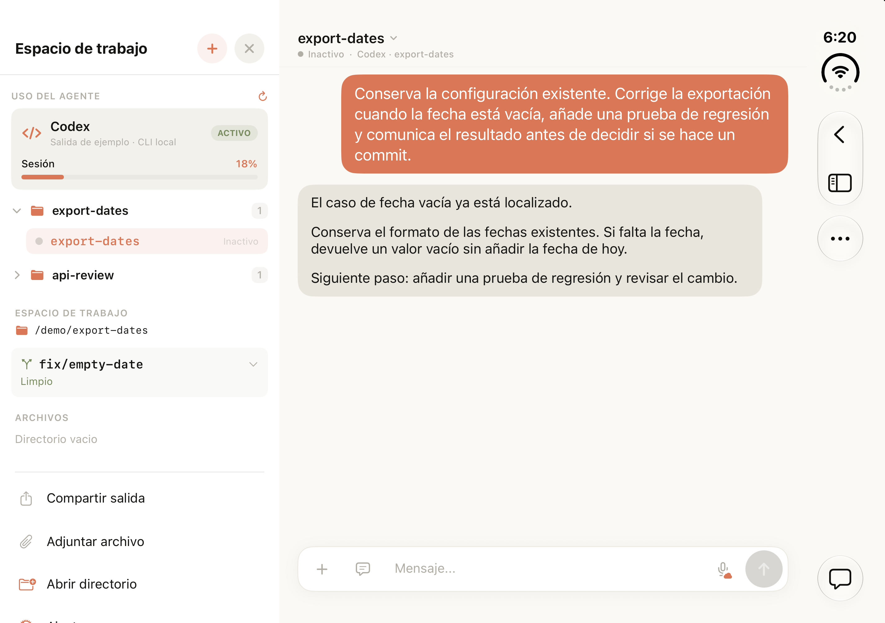 Tactic Remote 1.12 en la pantalla interior del simulador Duo completamente abierto, con el espacio de trabajo junto a la conversación de exportación de fechas.