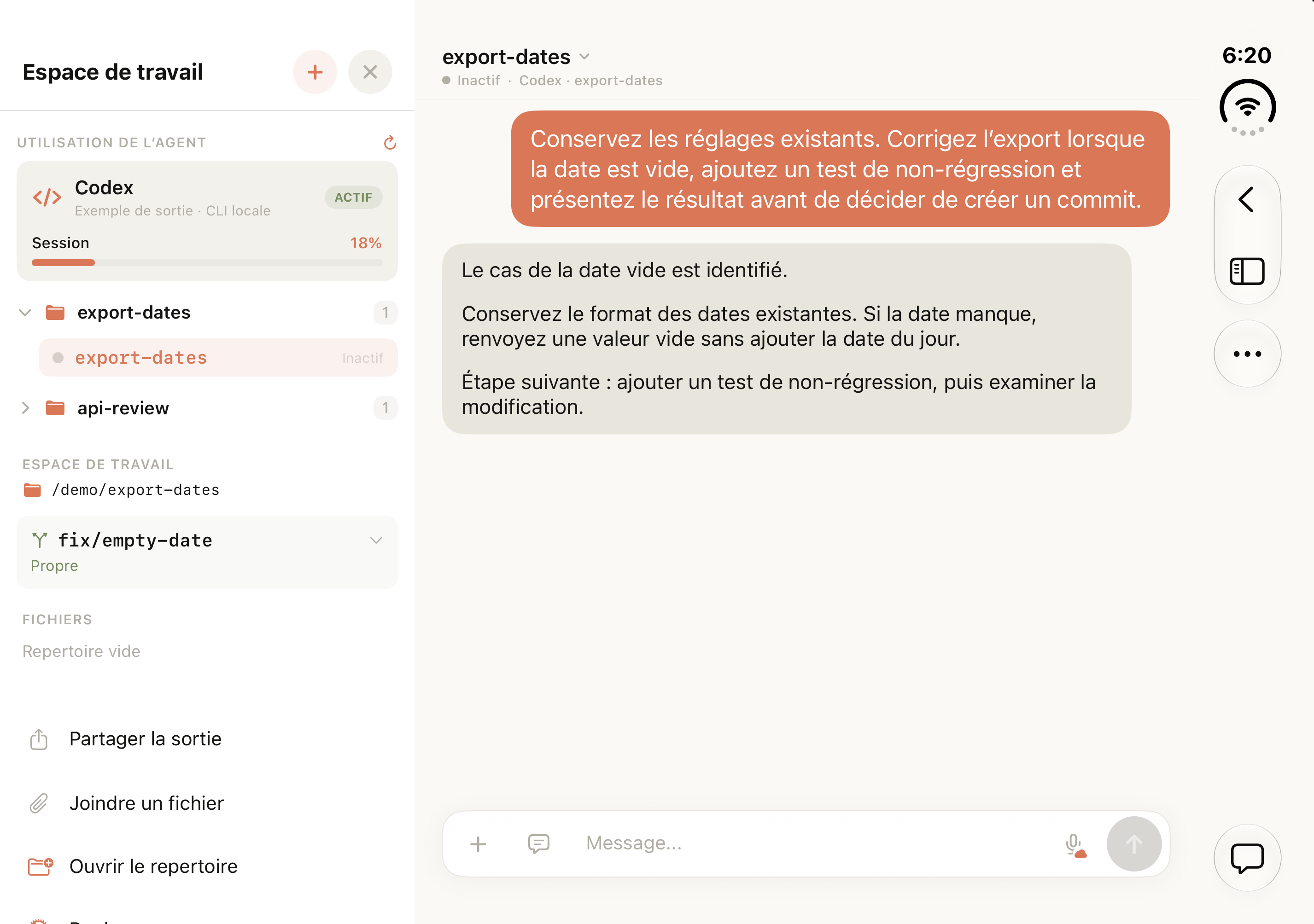 Tactic Remote 1.12 sur l’écran intérieur du simulateur Duo entièrement ouvert, avec l’espace de travail à côté de la conversation sur l’export des dates.
