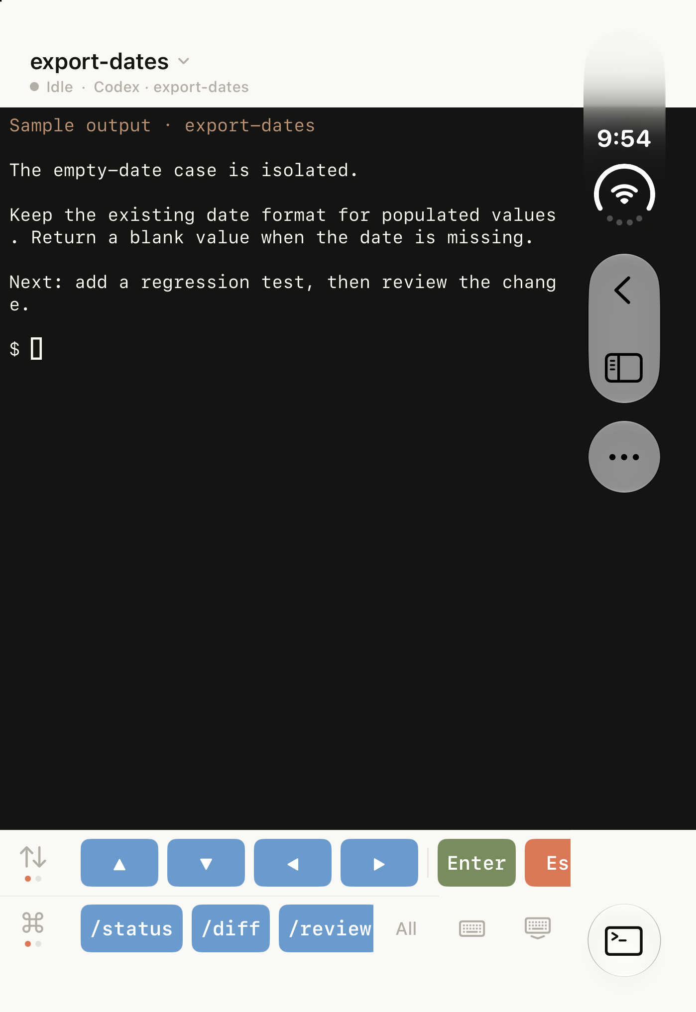 The native terminal in Tactic Remote 1.12 on the Duo simulator, with localized sample output and keyboard controls.