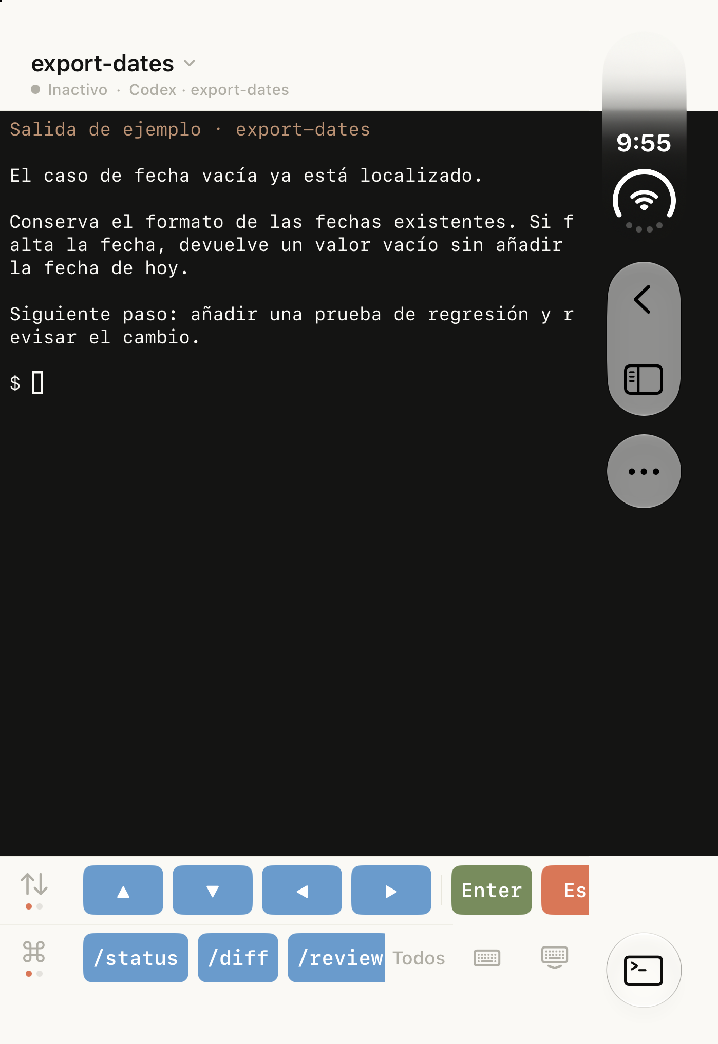 Terminal nativo de Tactic Remote 1.12 en el simulador Duo, con salida de ejemplo y controles del teclado.