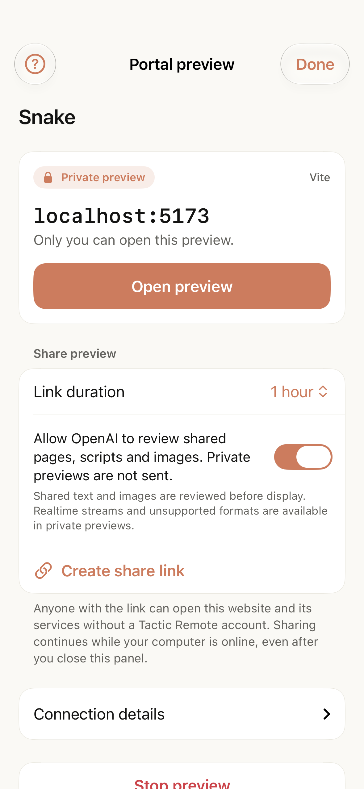 A running private preview in Tactic Remote 1.13, with the local address, Open preview action and sharing section.