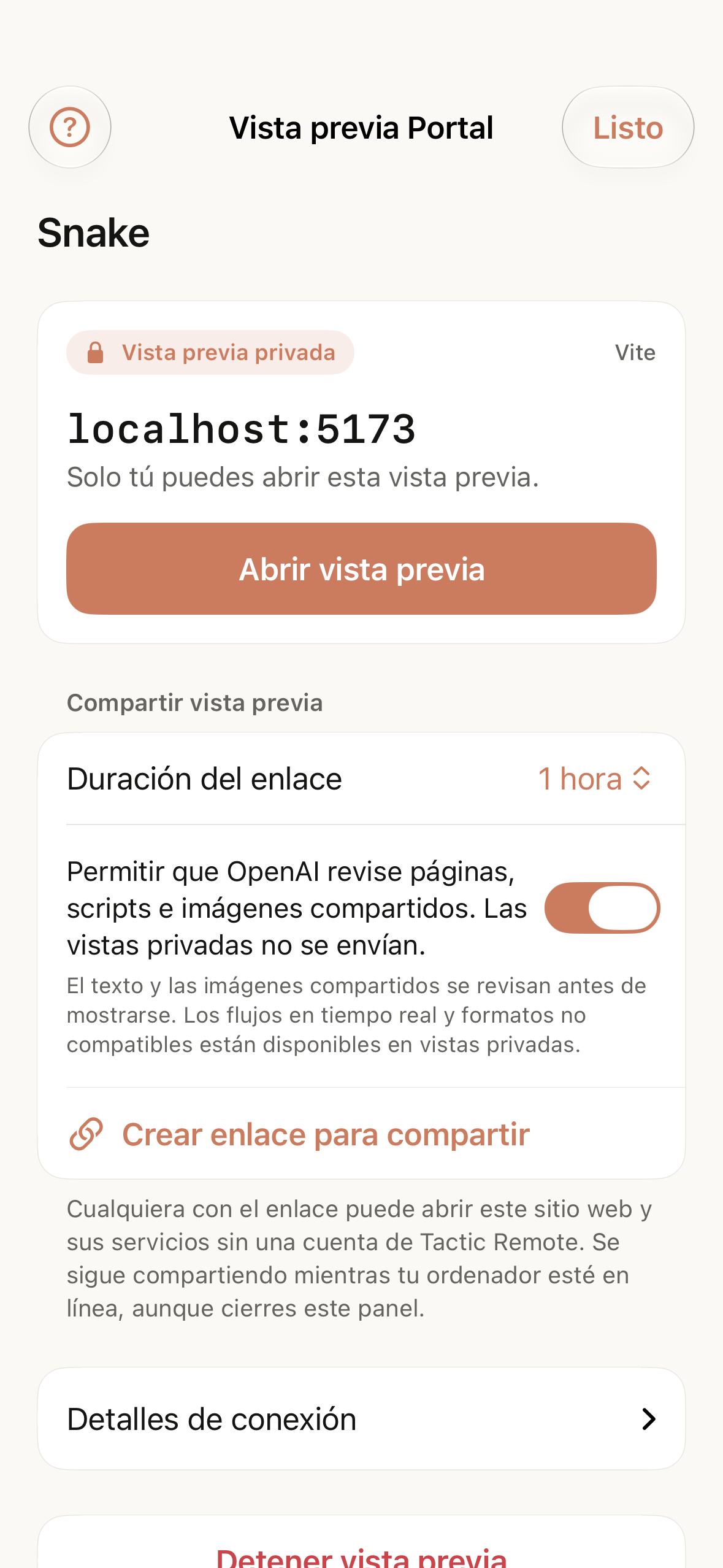 Una vista previa privada en ejecución con su dirección local, la acción para abrirla y la sección para compartir debajo.
