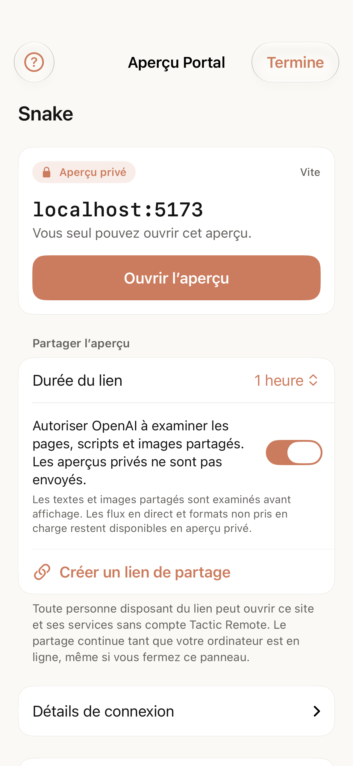 Un aperçu privé en cours d’exécution avec son adresse locale, l’action pour l’ouvrir et la section de partage en dessous.