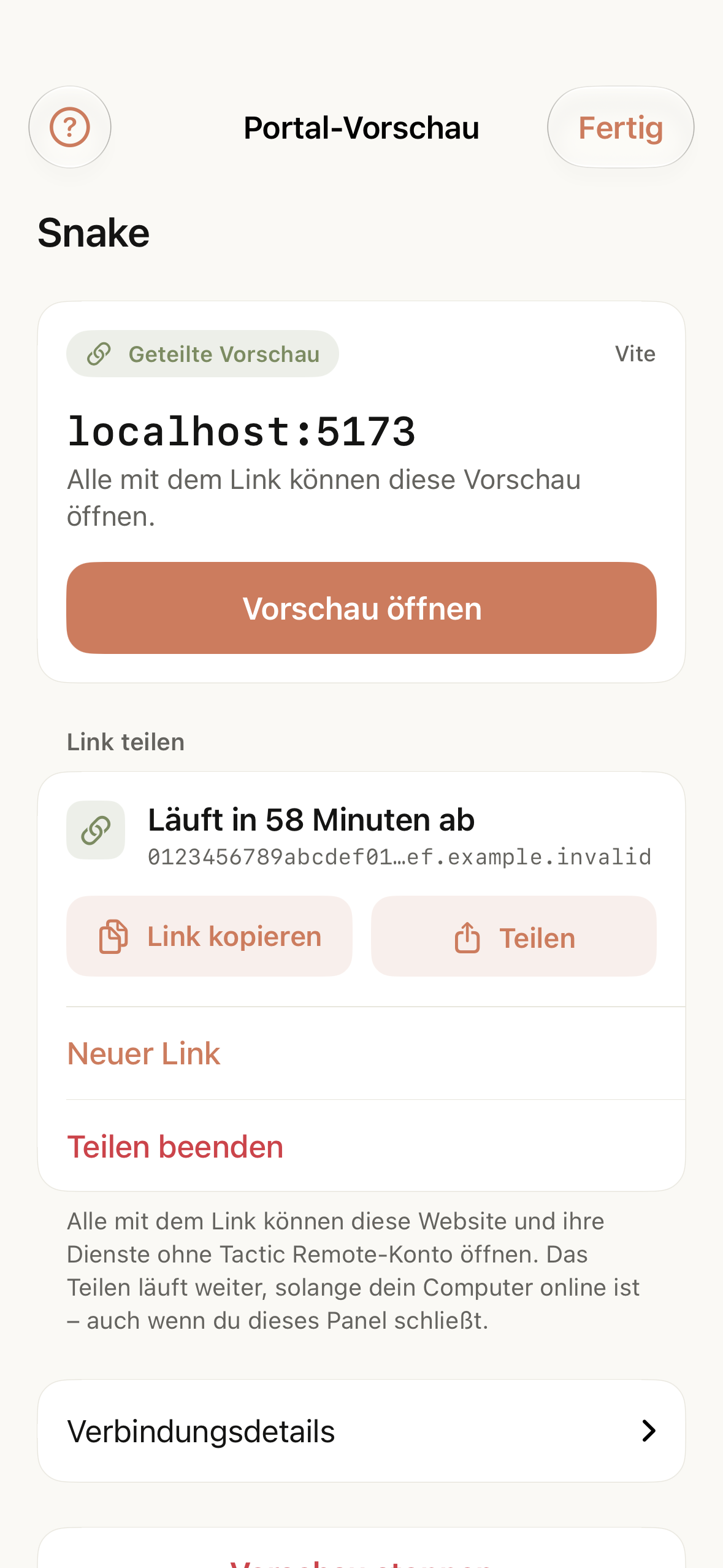 Ein aktiver Freigabelink mit seinem Ablaufzeitpunkt und Aktionen, um ihn zu kopieren, einen neuen Link zu erstellen oder das Teilen zu beenden.