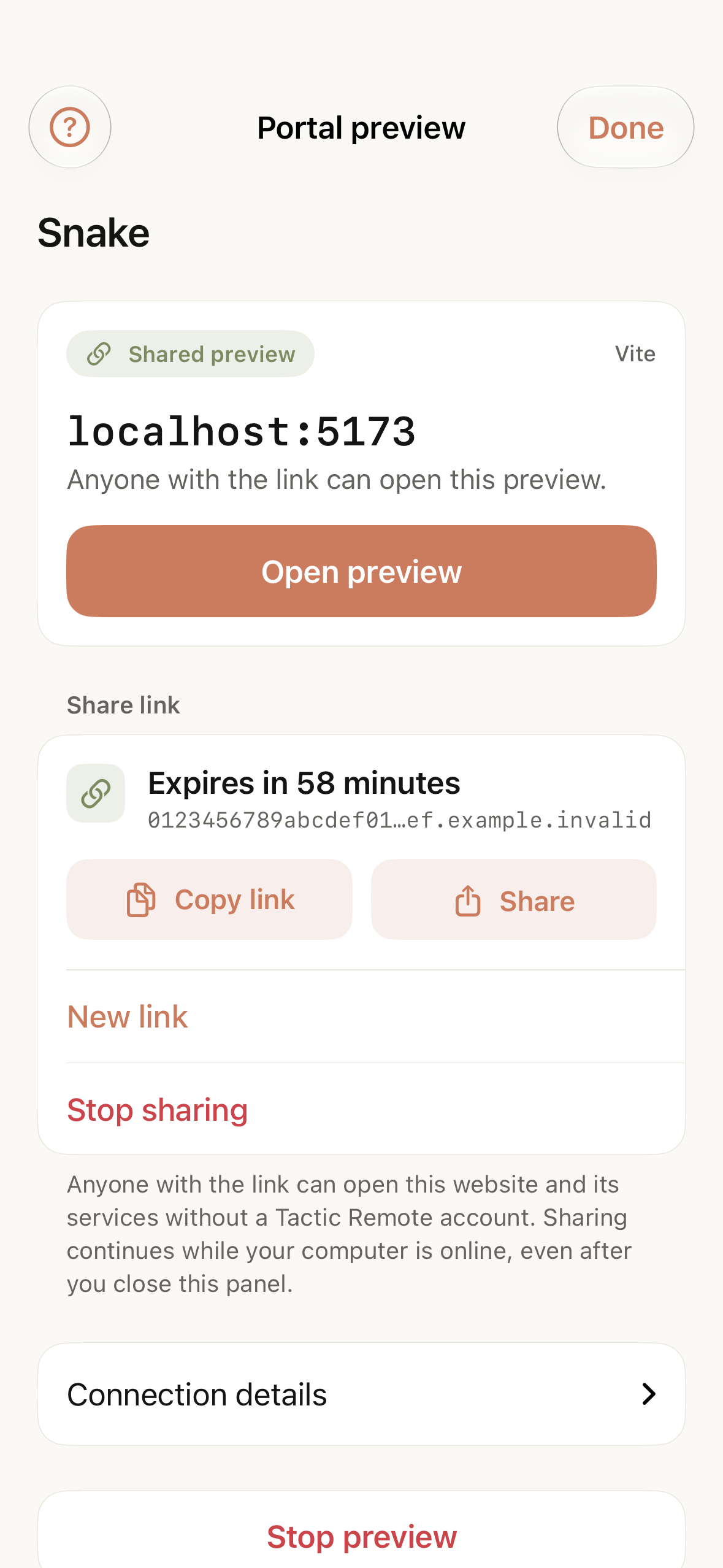 A shared preview in Tactic Remote 1.13 showing when the link expires, with options to copy the link, create a new one or stop sharing.
