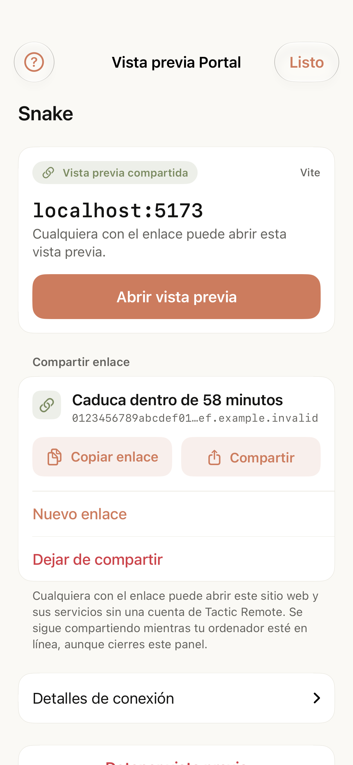 Un enlace para compartir activo con su hora de caducidad y acciones para copiarlo, crear un enlace nuevo o dejar de compartir.