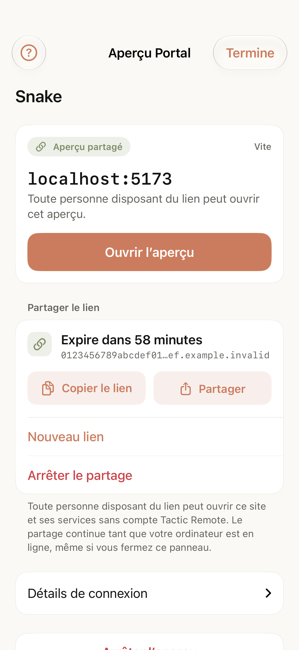 Un lien de partage actif avec son heure d’expiration et des actions pour le copier, créer un nouveau lien ou arrêter le partage.