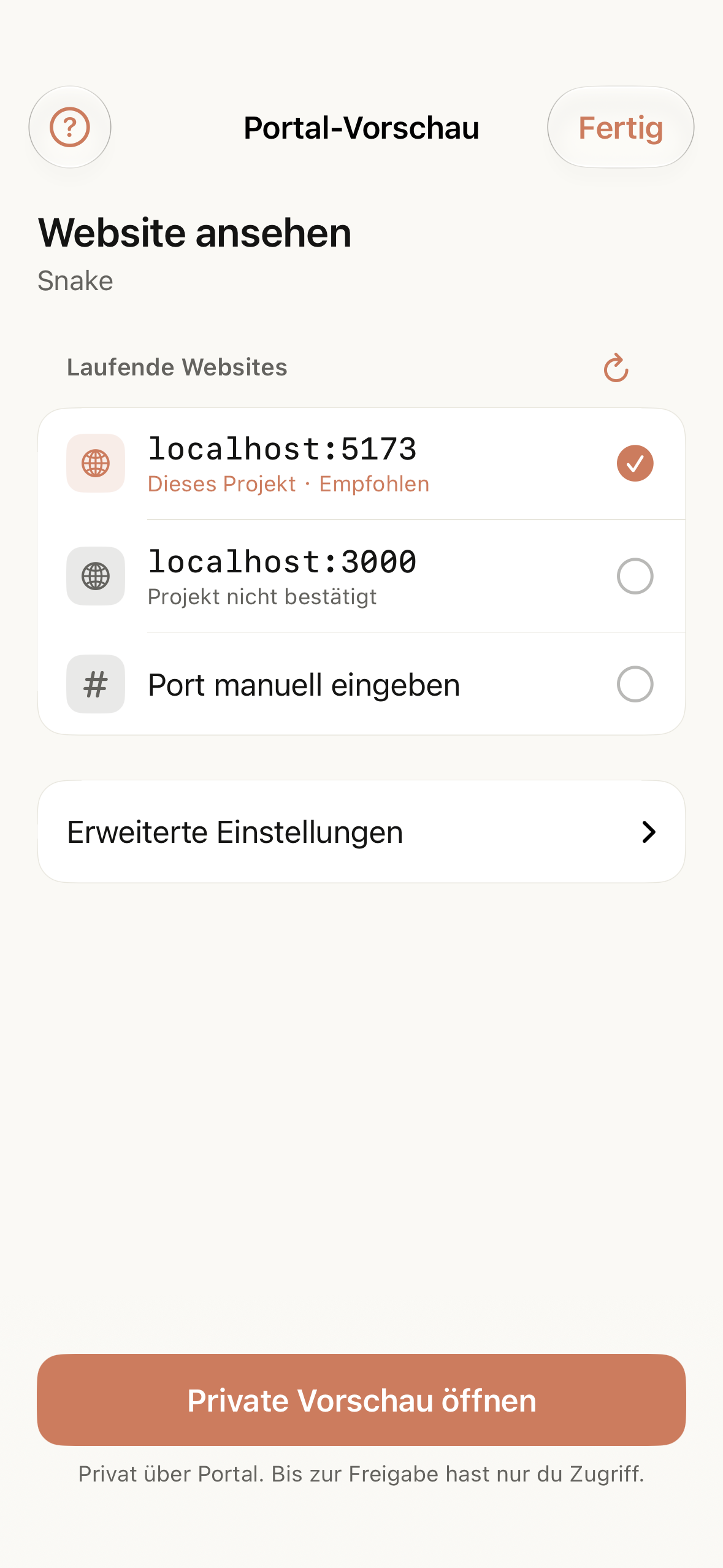 Die Portal-Seite in Tactic Remote 1.13 mit der für das aktuelle Projekt erkannten Website und einem weiteren lokalen Port.