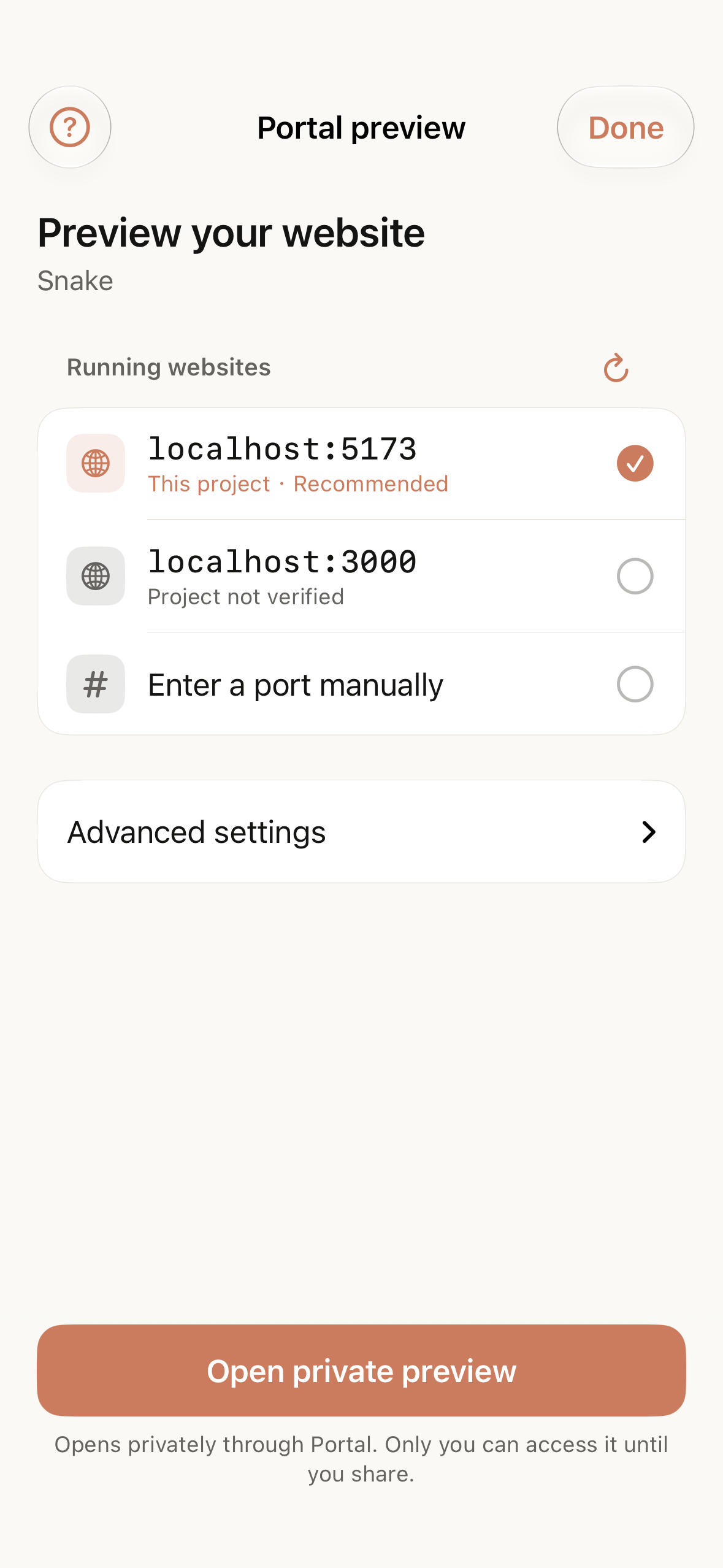 The Portal page in Tactic Remote 1.13, listing a detected website on port 5173 for the Snake project and another local port.