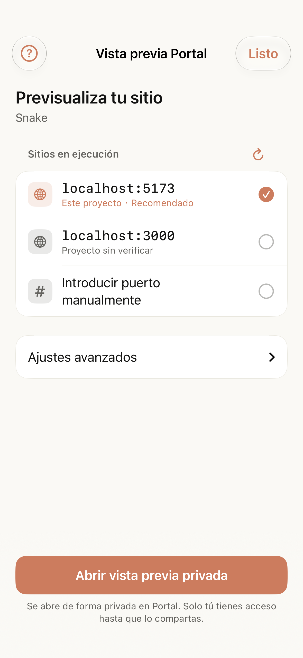 La página de Portal en Tactic Remote 1.13, con el sitio web detectado para el proyecto actual y otro puerto local.