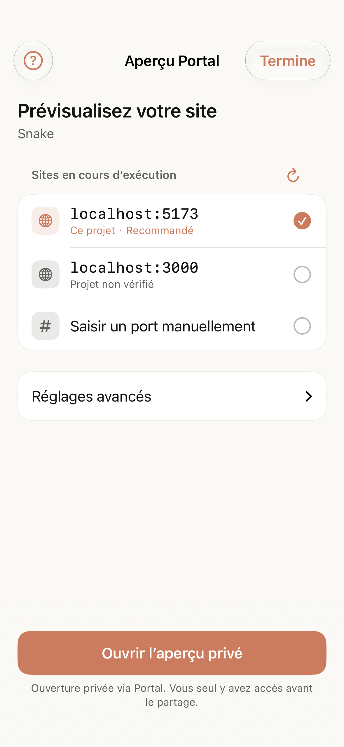 La page Portal de Tactic Remote 1.13, avec le site détecté pour le projet actuel et un autre port local.