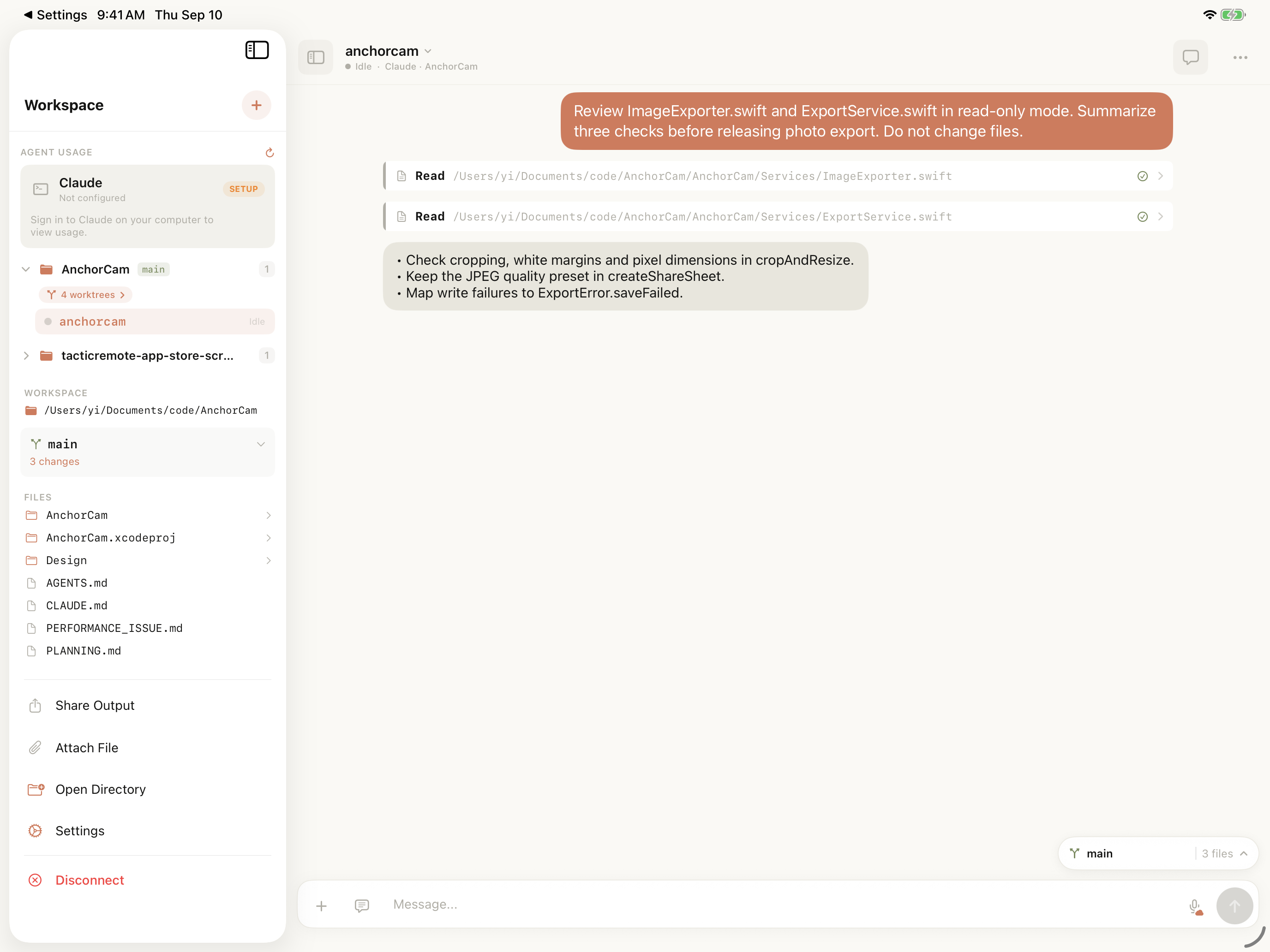 Tactic Remote on iPad: project files beside a code review conversation