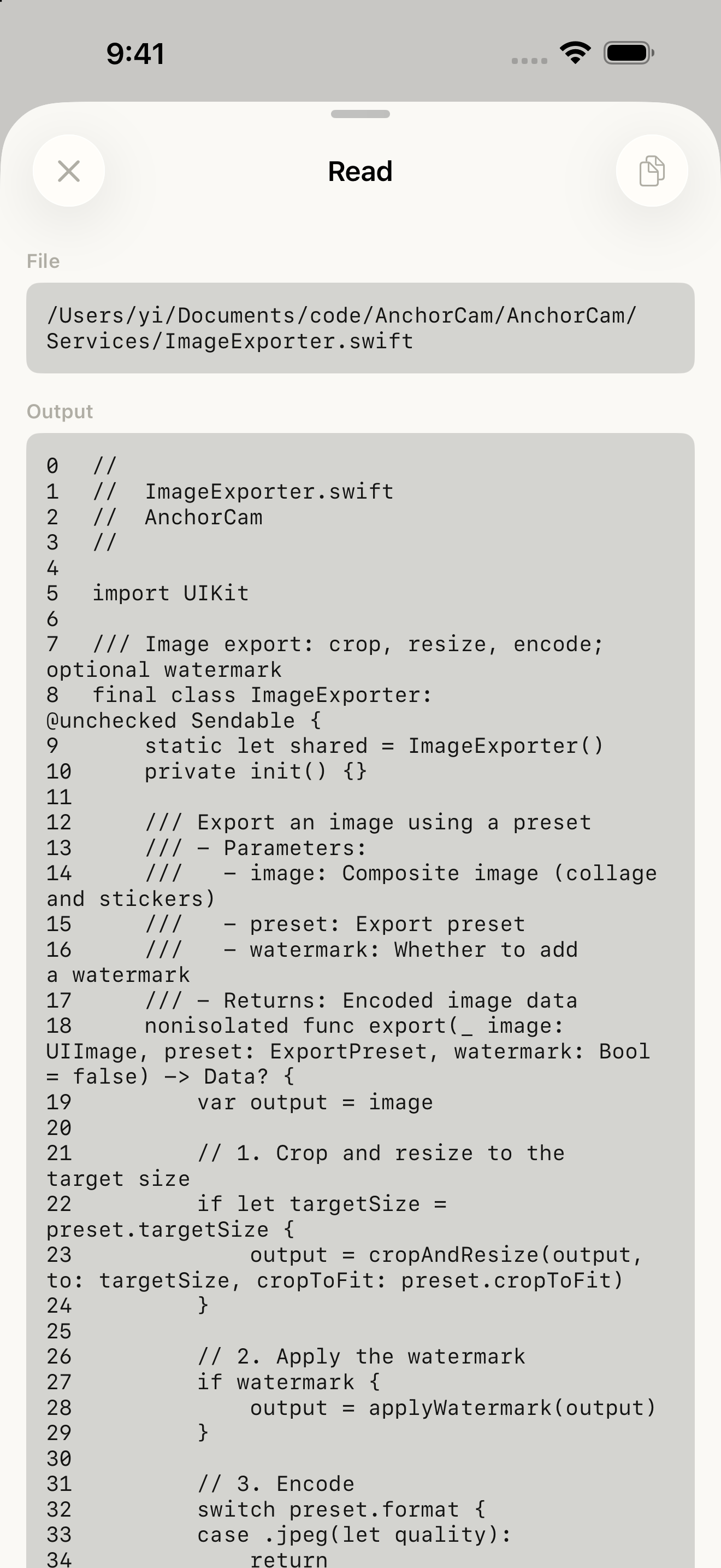 The iPhone code viewer displaying ImageExporter.swift