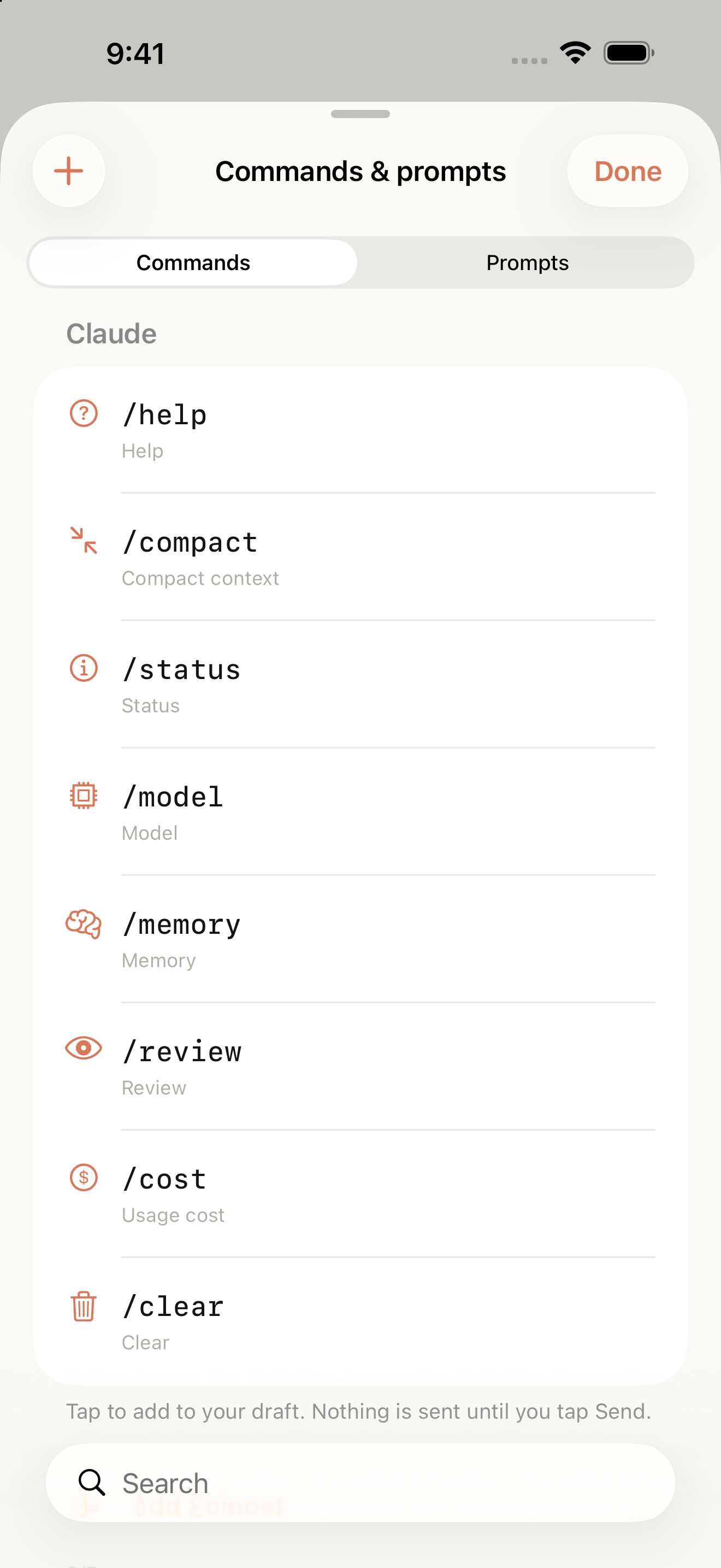 The iPhone command library with common commands and a draft-before-send reminder